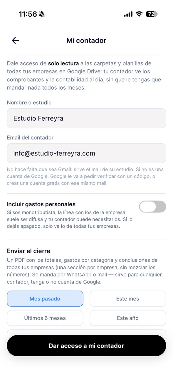 Pantalla Mi contador con el nombre del estudio y su correo cargados, y los botones para elegir el período del cierre.
