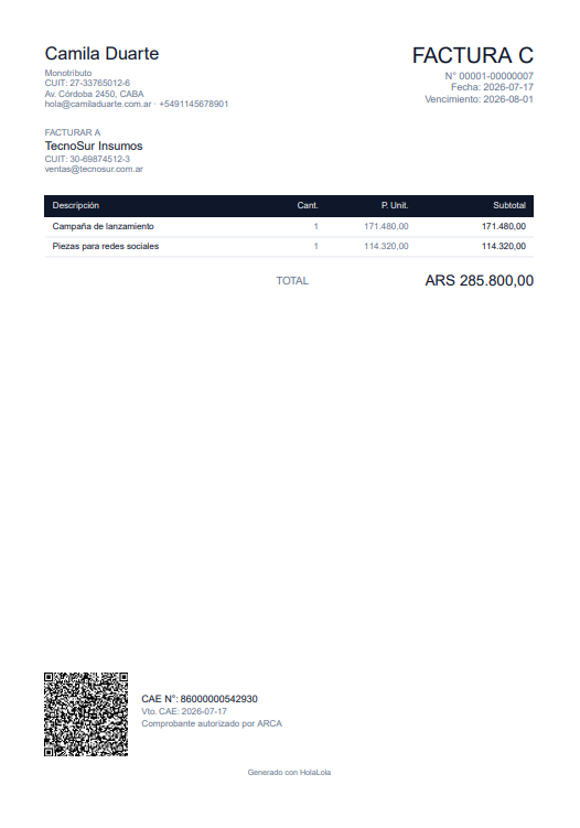 PDF de una Factura C emitida desde HolaLola, con su número, el CAE, el vencimiento del CAE y el código QR de ARCA.