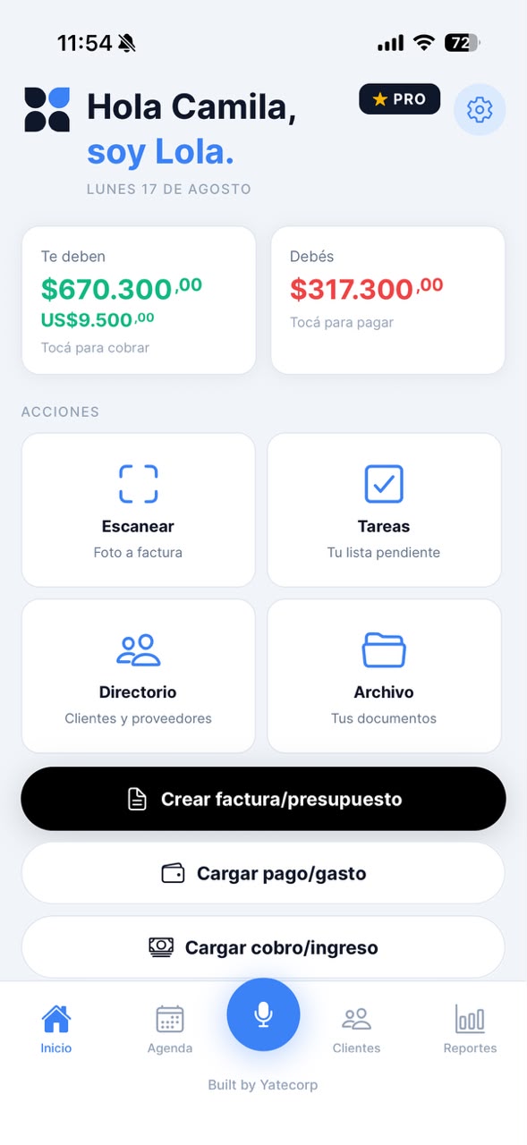 Pantalla de inicio de HolaLola: cuánto te deben, cuánto debés, y los accesos a escanear, facturar y cargar un gasto.